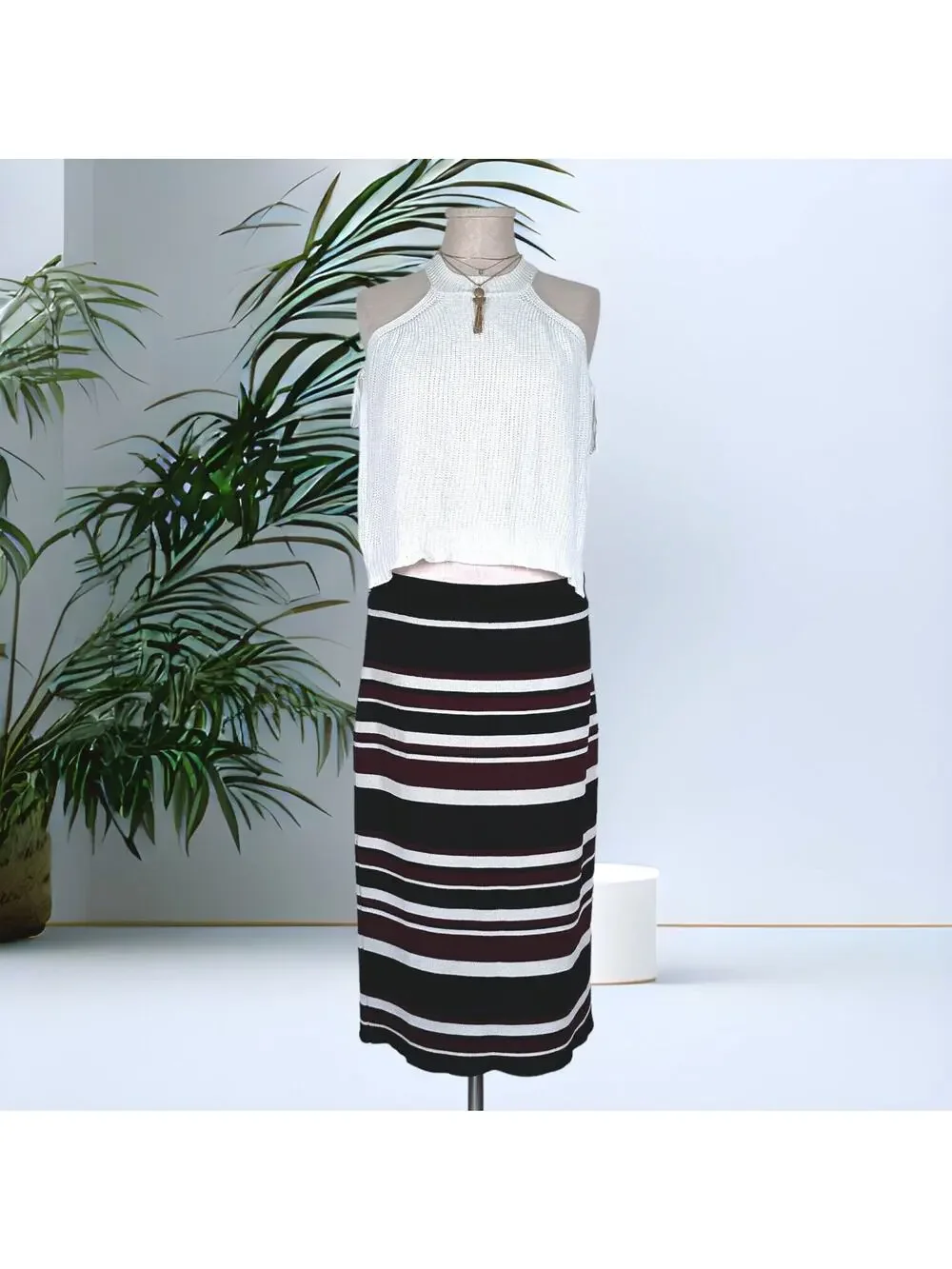 RACHEL ROY Striped Knit Pencil Skirt Midi Boho Y2K Coquette Black Red